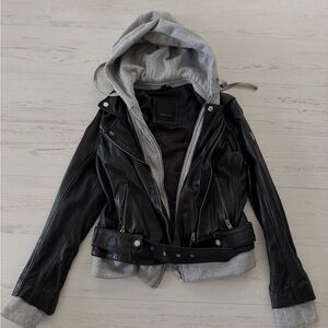 Leather Black Moto Jacket with Grey Hoodie Layer